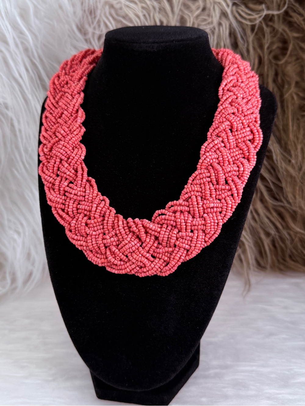 Vintage pinkish red, braided seed bead chunky statement necklace